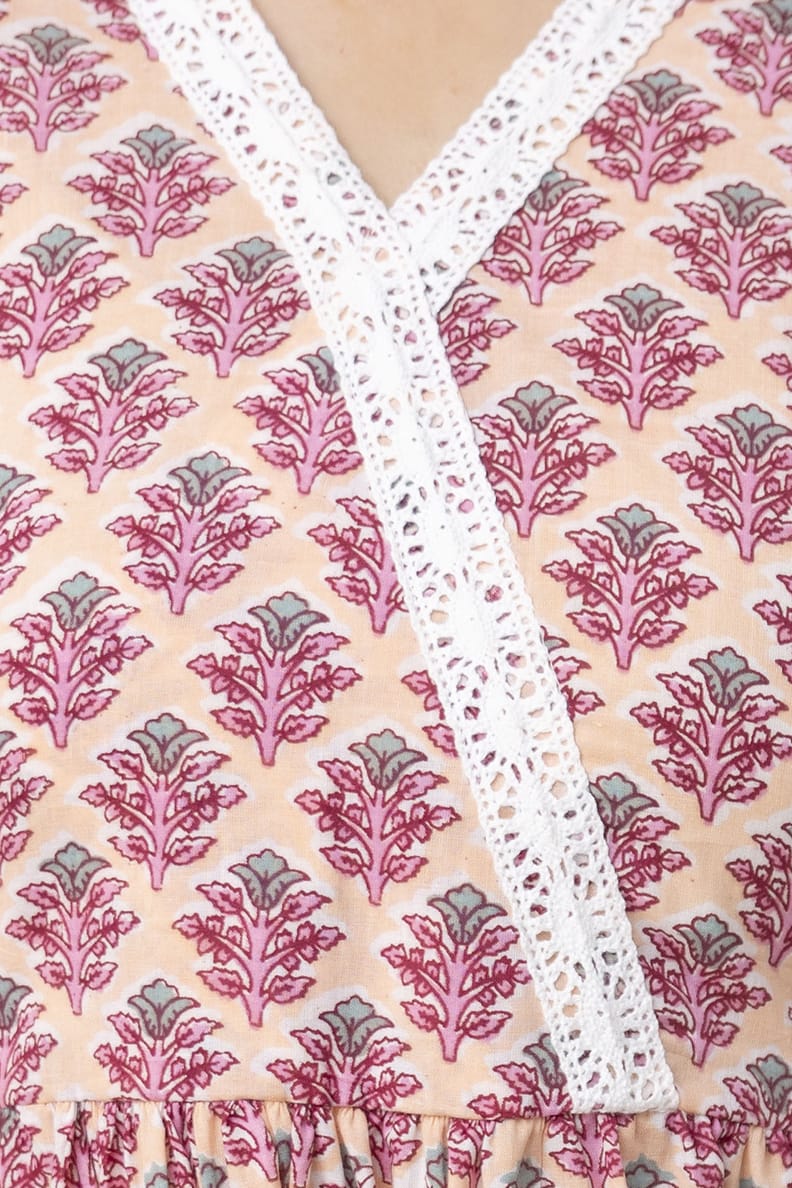 Beige Pink Floral Cotton Short Kurti – V Neck Lace Detail