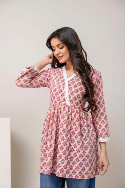 Beige Pink Floral Cotton Short Kurti – V Neck Lace Detail