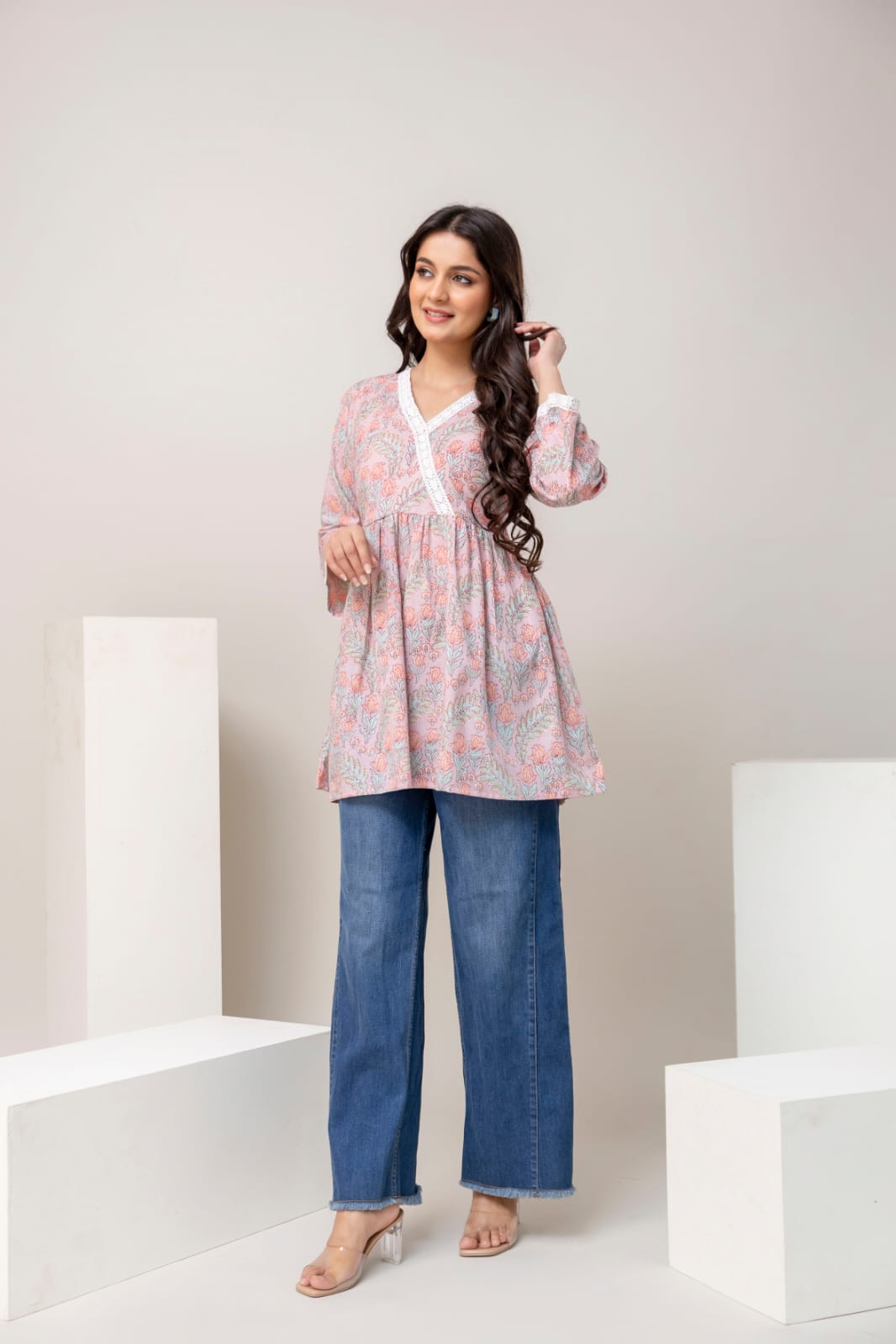 Pastel Pink Floral Cotton Short Kurti – V Neck Lace Detail