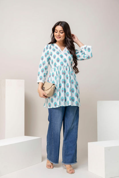 Sky Blue Peacock Print Cotton Short Kurti – V Neck Lace Detail