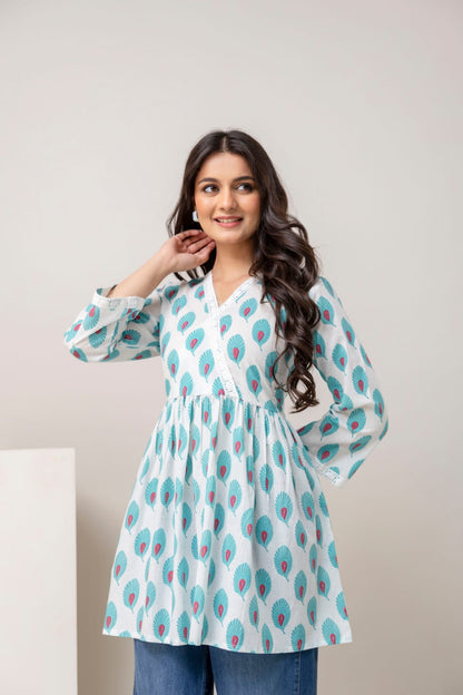 Sky Blue Peacock Print Cotton Short Kurti – V Neck Lace Detail
