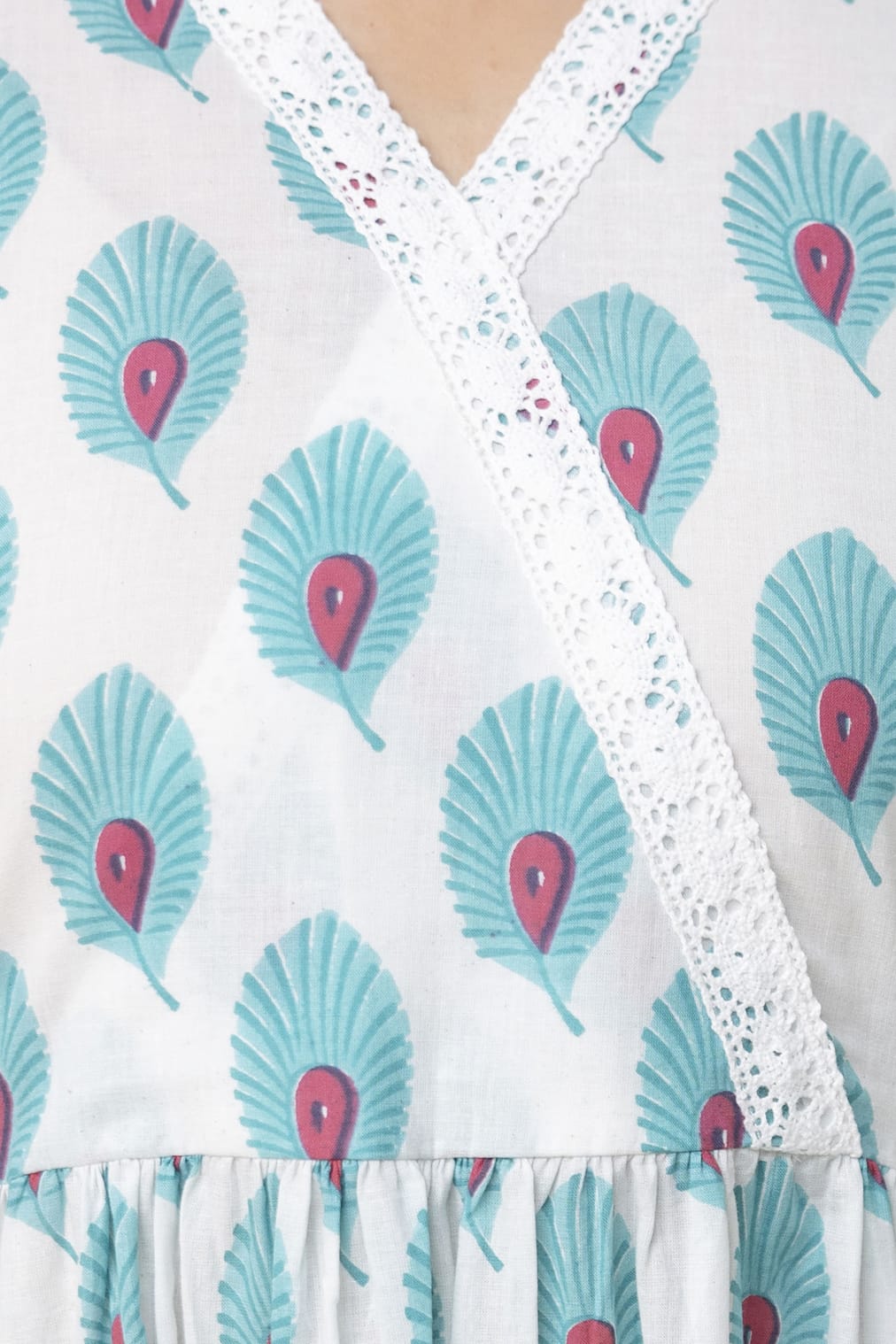 Sky Blue Peacock Print Cotton Short Kurti – V Neck Lace Detail