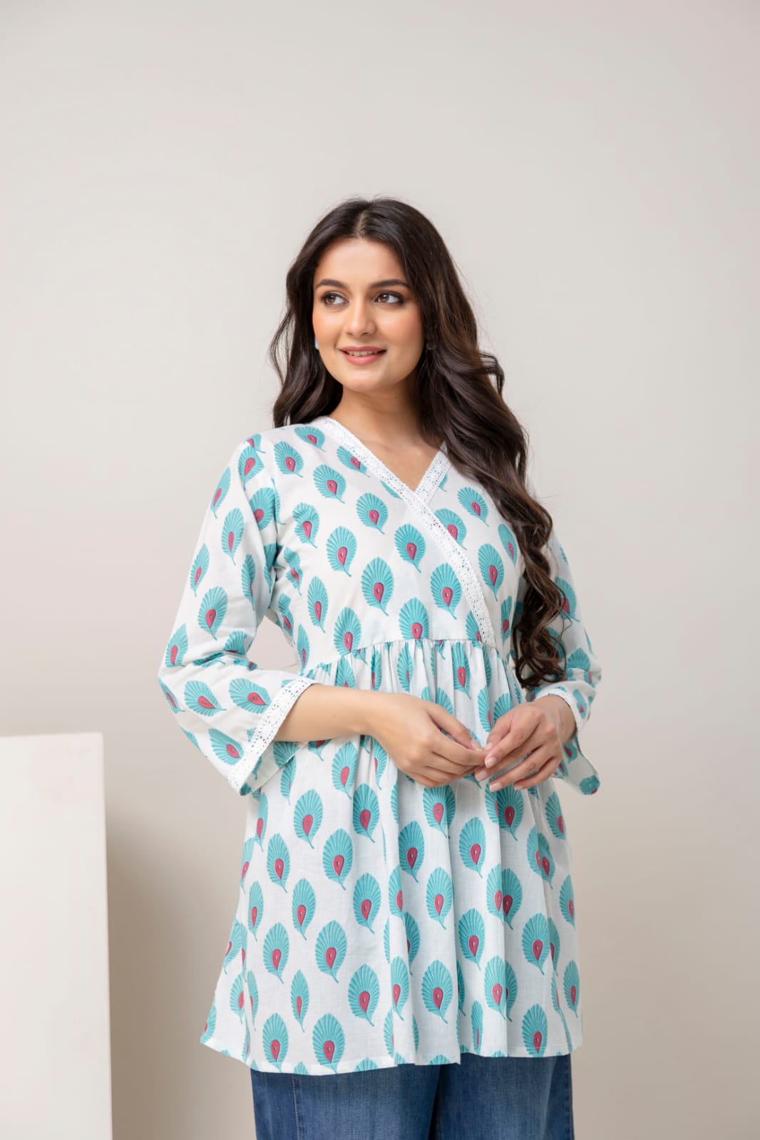 Sky Blue Peacock Print Cotton Short Kurti – V Neck Lace Detail