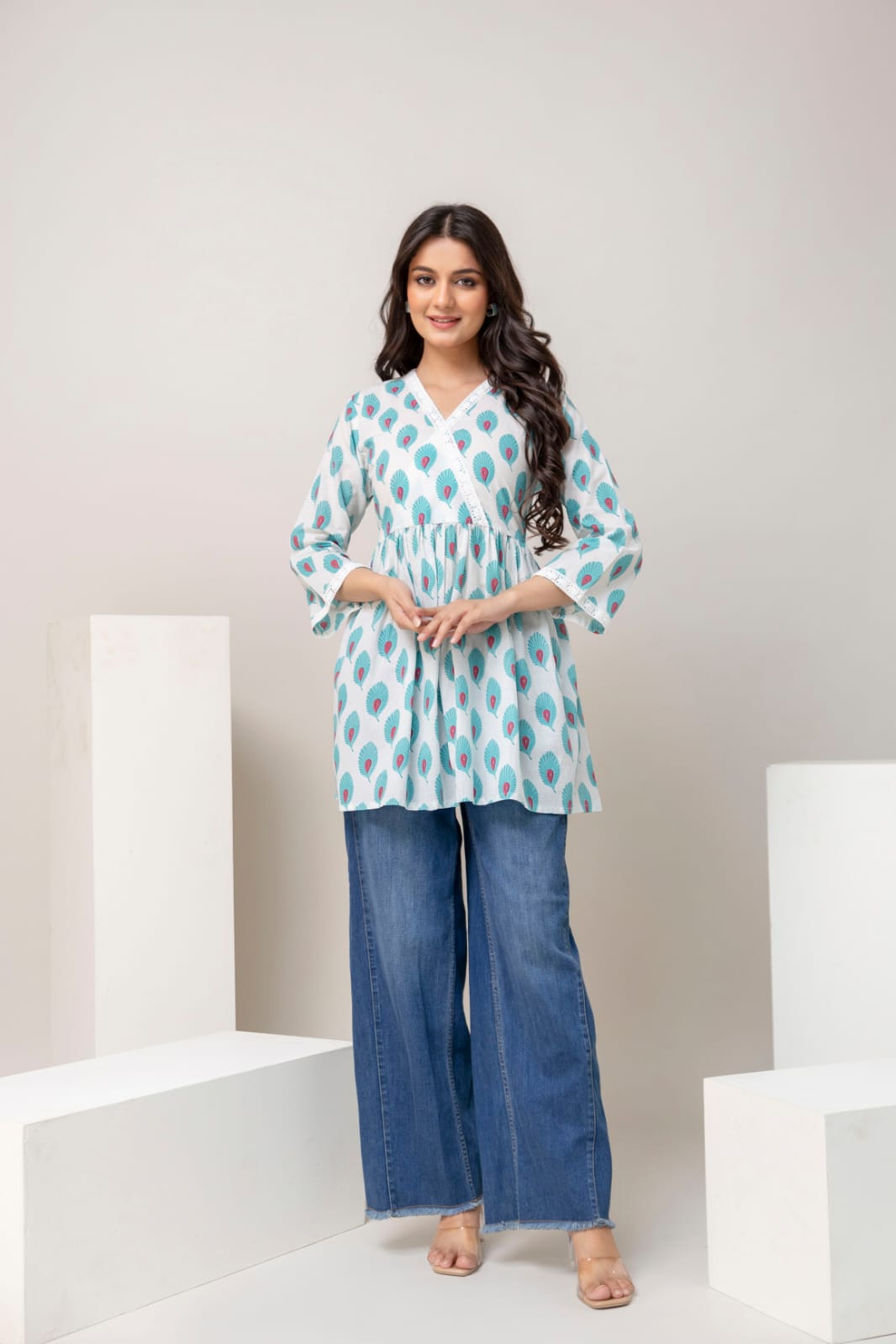 Sky Blue Peacock Print Cotton Short Kurti – V Neck Lace Detail