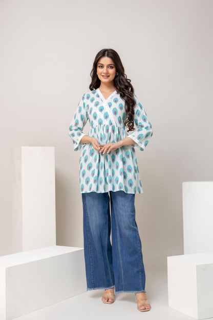 Sky Blue Peacock Print Cotton Short Kurti – V Neck Lace Detail
