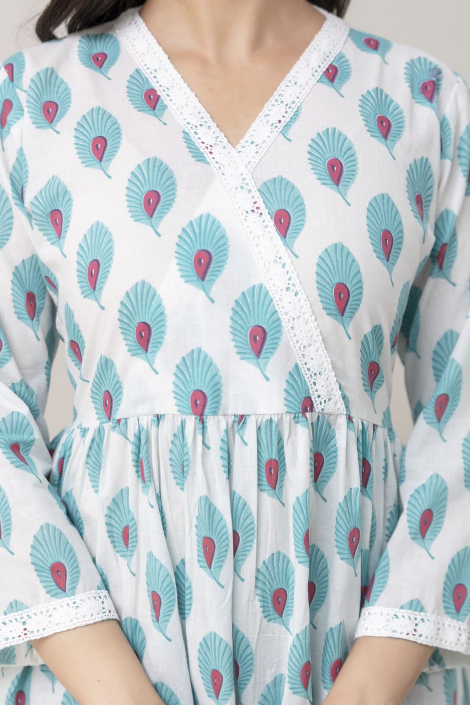 Sky Blue Peacock Print Cotton Short Kurti – V Neck Lace Detail