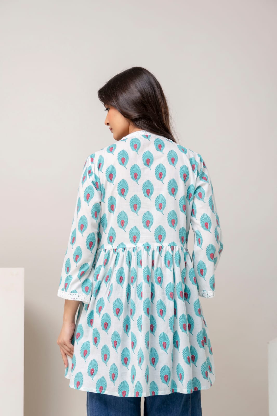 Sky Blue Peacock Print Cotton Short Kurti – V Neck Lace Detail