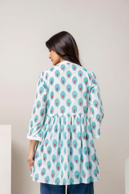 Sky Blue Peacock Print Cotton Short Kurti – V Neck Lace Detail
