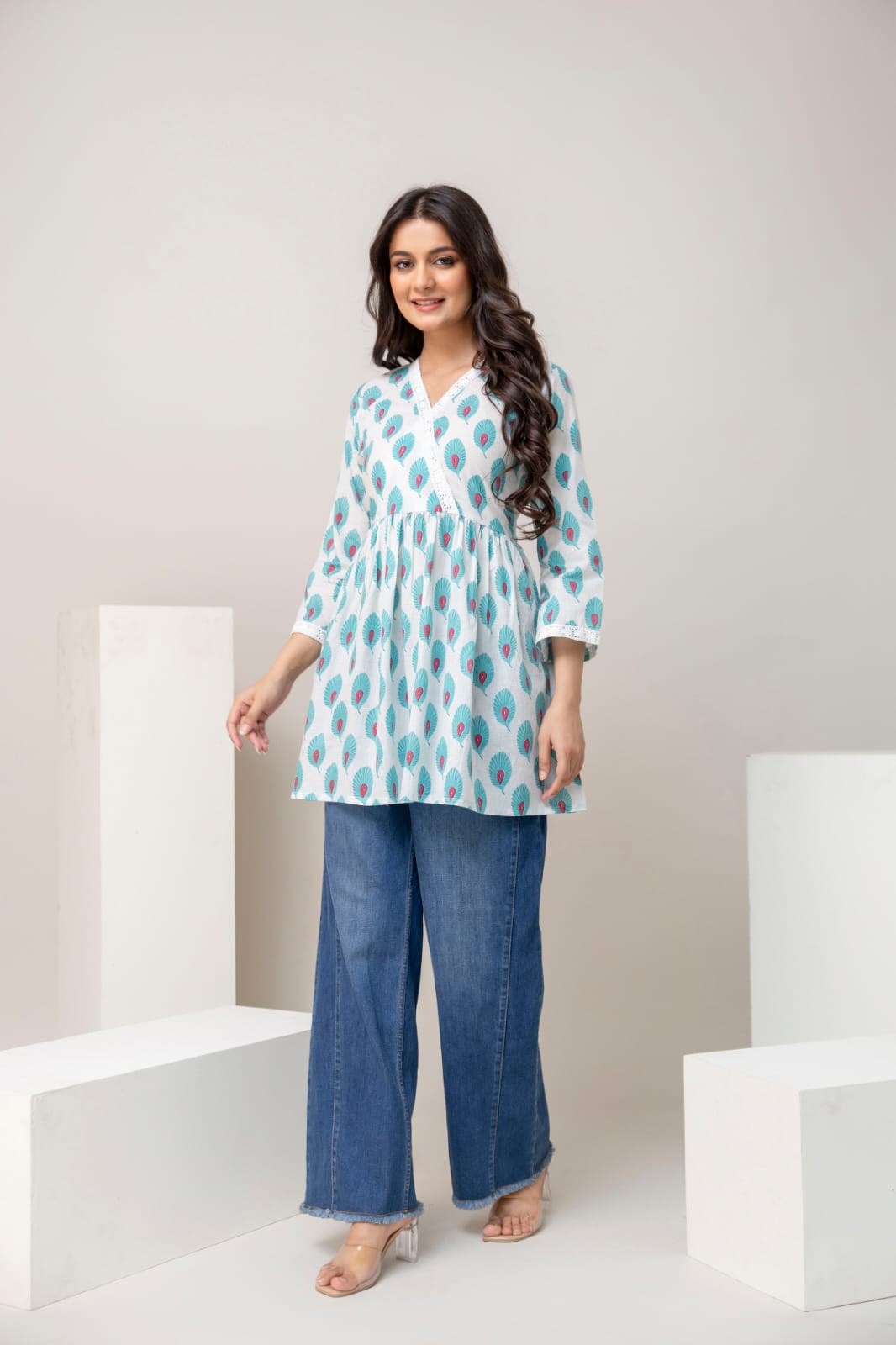 Sky Blue Peacock Print Cotton Short Kurti – V Neck Lace Detail