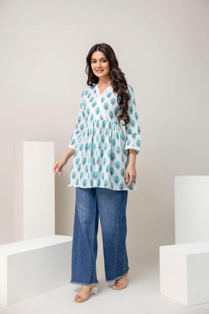 Sky Blue Peacock Print Cotton Short Kurti – V Neck Lace Detail