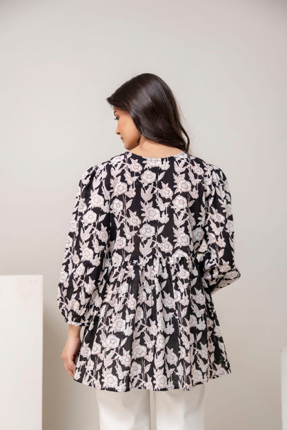 Black Floral Cotton Short Kurti – Tie-Up Neck Detail