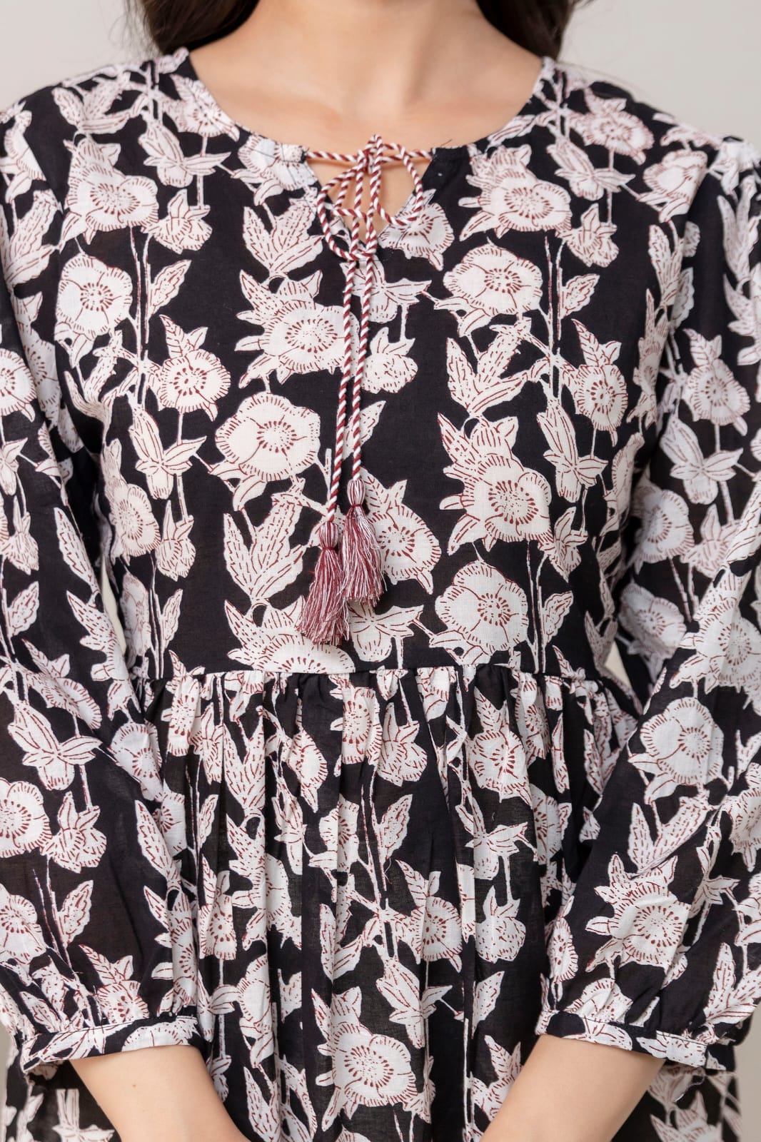 Black Floral Cotton Short Kurti – Tie-Up Neck Detail