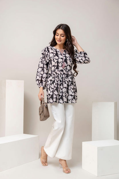 Black Floral Cotton Short Kurti – Tie-Up Neck Detail