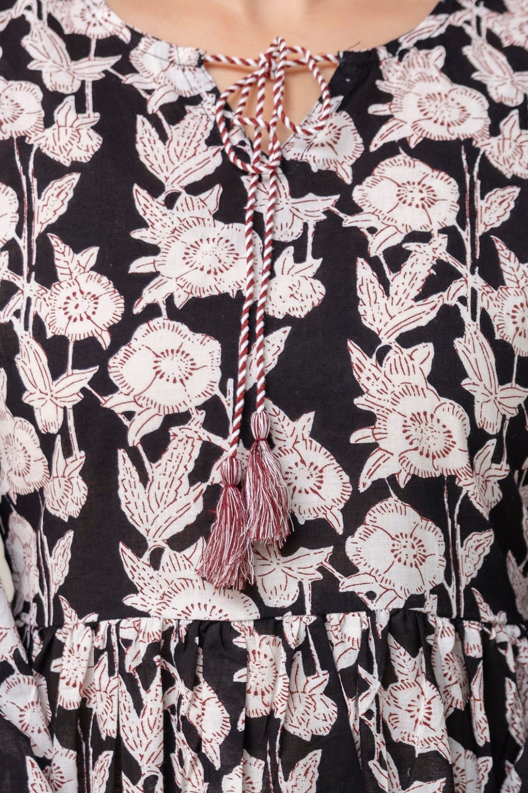 Black Floral Cotton Short Kurti – Tie-Up Neck Detail