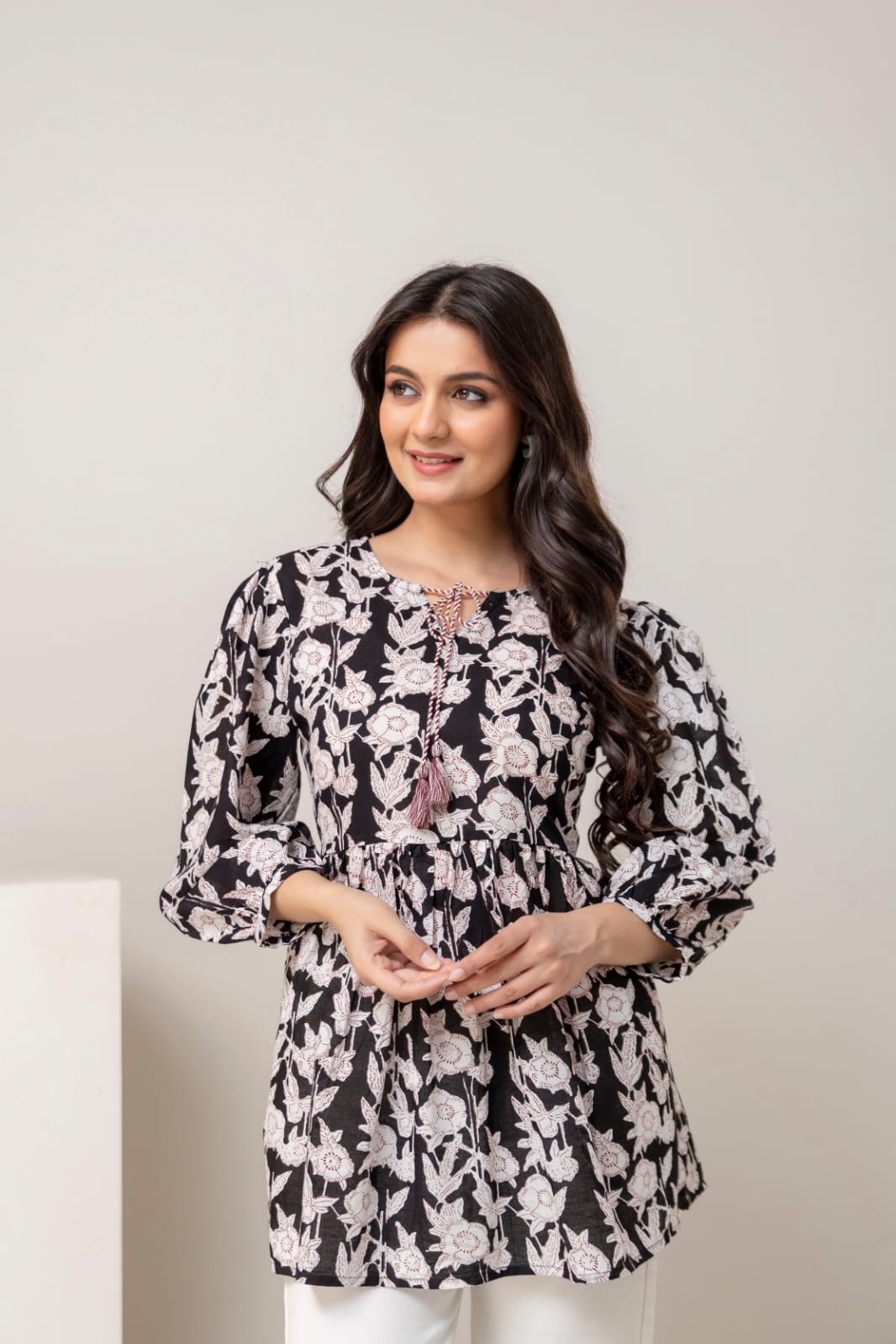 Black Floral Cotton Short Kurti – Tie-Up Neck Detail