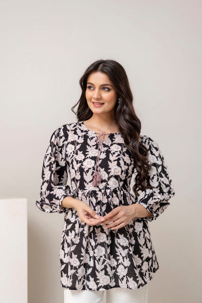 Black Floral Cotton Short Kurti – Tie-Up Neck Detail