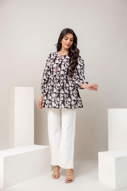Black Floral Cotton Short Kurti – Tie-Up Neck Detail