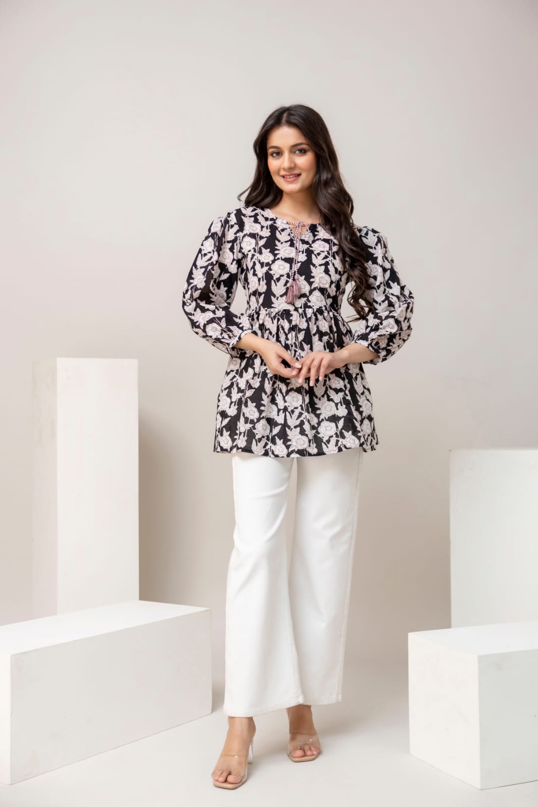 Black Floral Cotton Short Kurti – Tie-Up Neck Detail