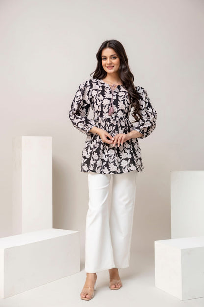 Black Floral Cotton Short Kurti – Tie-Up Neck Detail