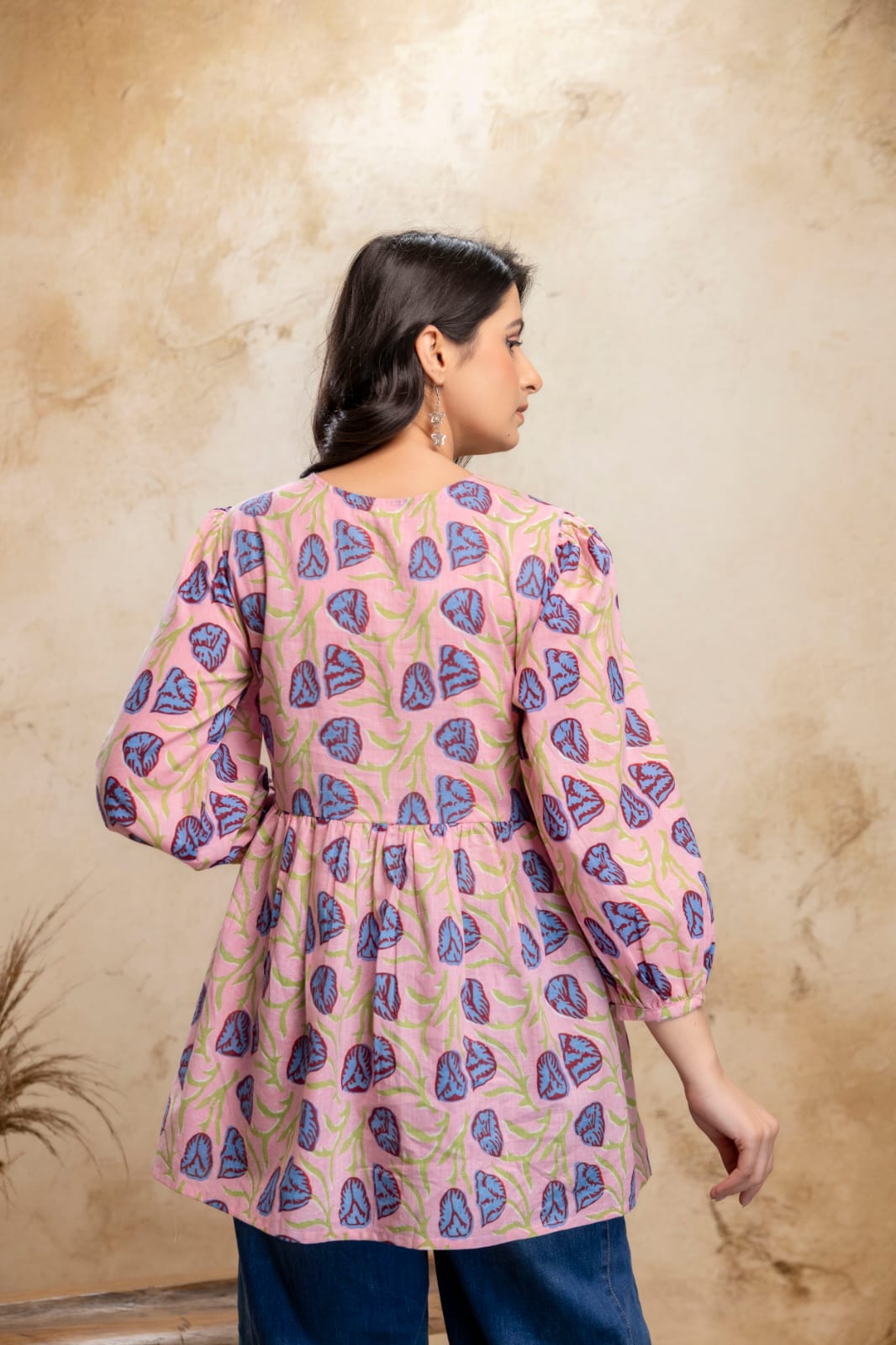 Pink Blue Printed Cotton Short Kurti – Tie-Up Neck Detail