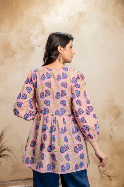 Pink Blue Printed Cotton Short Kurti – Tie-Up Neck Detail