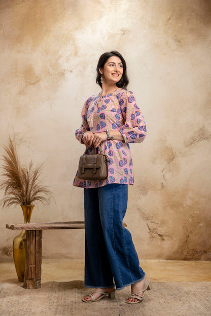 Pink Blue Printed Cotton Short Kurti – Tie-Up Neck Detail