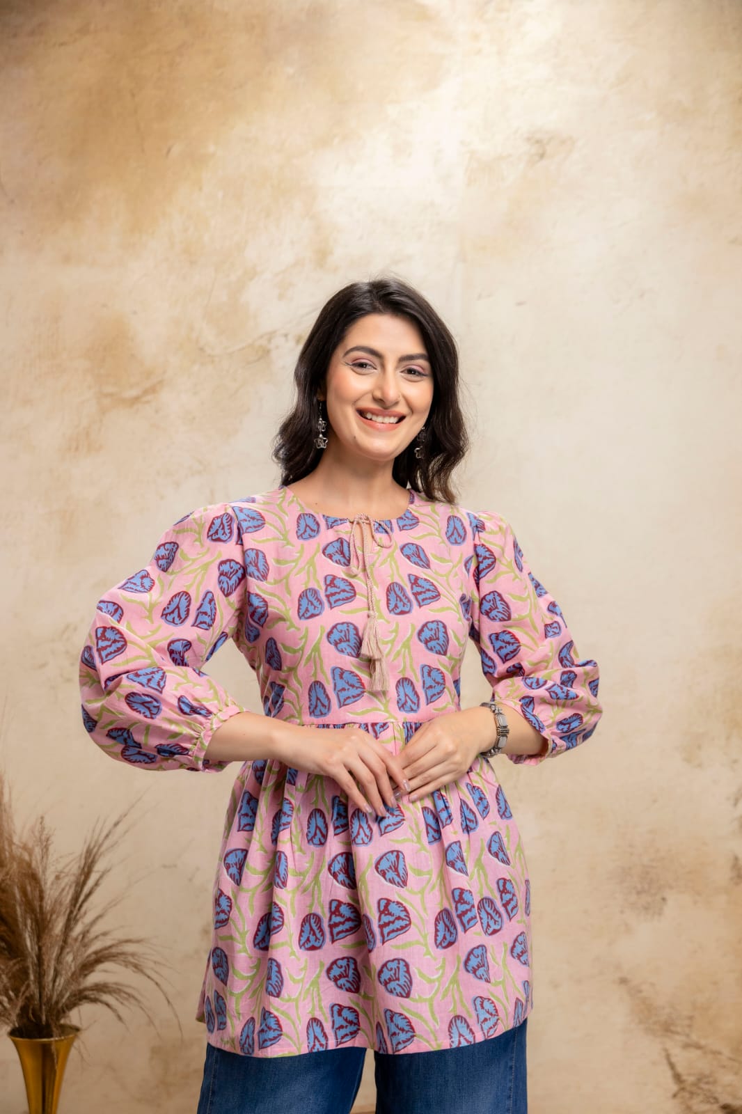 Pink Blue Printed Cotton Short Kurti – Tie-Up Neck Detail