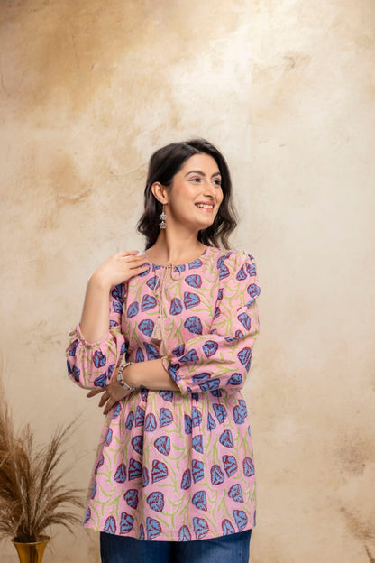 Pink Blue Printed Cotton Short Kurti – Tie-Up Neck Detail