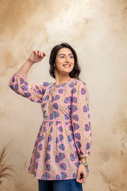 Pink Blue Printed Cotton Short Kurti – Tie-Up Neck Detail