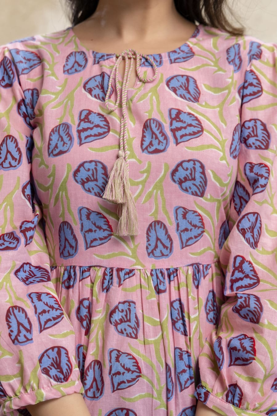 Pink Blue Printed Cotton Short Kurti – Tie-Up Neck Detail