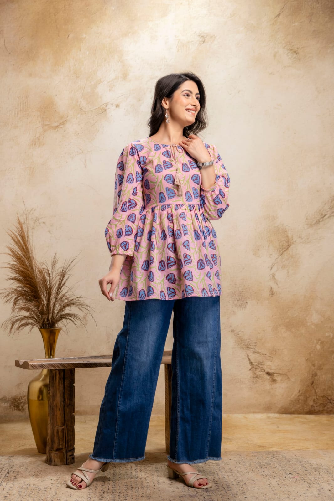 Pink Blue Printed Cotton Short Kurti – Tie-Up Neck Detail