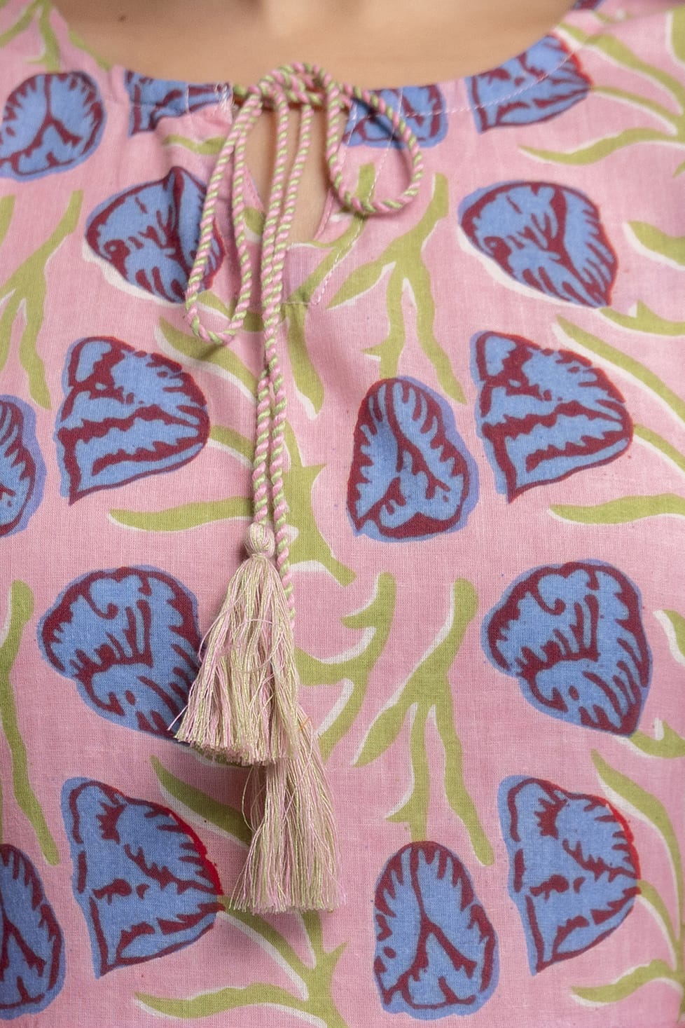 Pink Blue Printed Cotton Short Kurti – Tie-Up Neck Detail