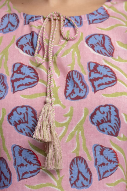 Pink Blue Printed Cotton Short Kurti – Tie-Up Neck Detail