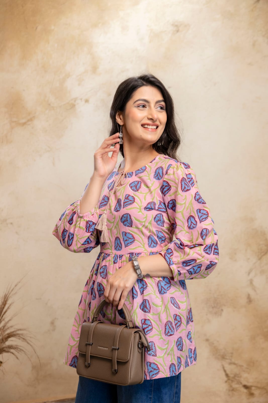 Pink Blue Printed Cotton Short Kurti – Tie-Up Neck Detail