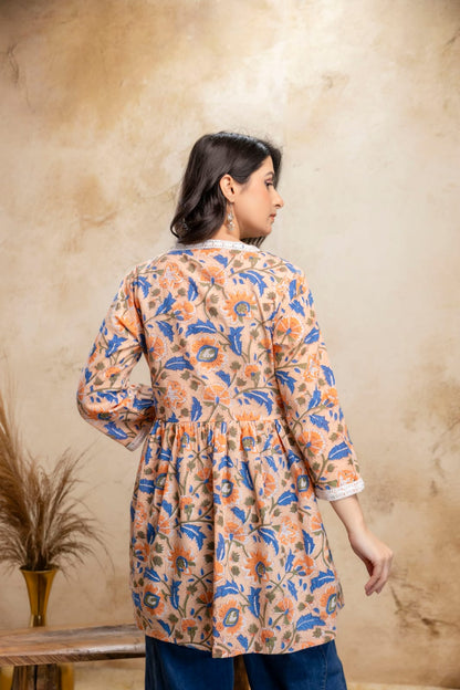 Peach Floral Cotton Short Kurti – V Neck Lace Detail
