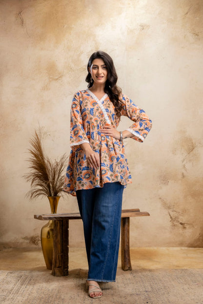 Peach Floral Cotton Short Kurti – V Neck Lace Detail
