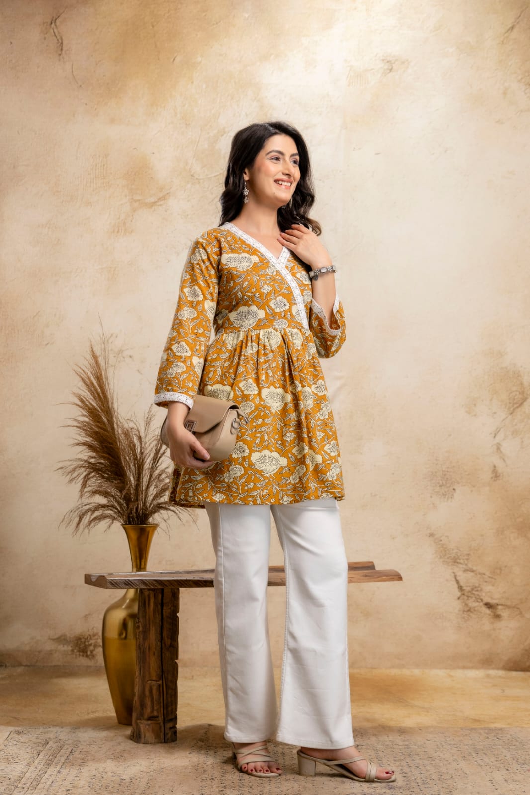 Mustard Floral Cotton Short Kurti – V Neck Lace Detail
