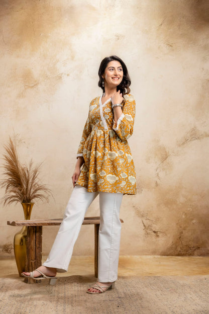 Mustard Floral Cotton Short Kurti – V Neck Lace Detail