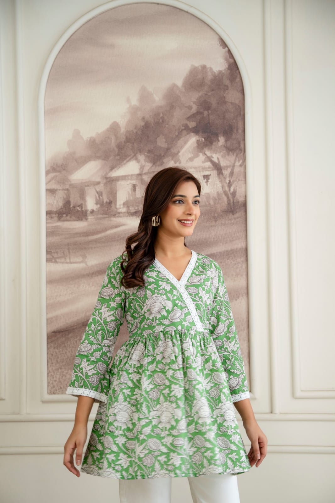 Floral Cotton Short Kurti –  V Neck Lace Detail - Green White