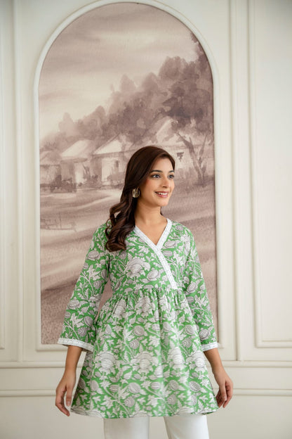 Floral Cotton Short Kurti –  V Neck Lace Detail - Green White