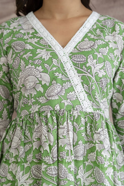 Floral Cotton Short Kurti –  V Neck Lace Detail - Green White