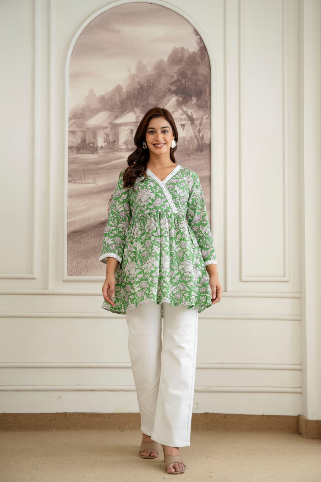 Floral Cotton Short Kurti –  V Neck Lace Detail - Green White