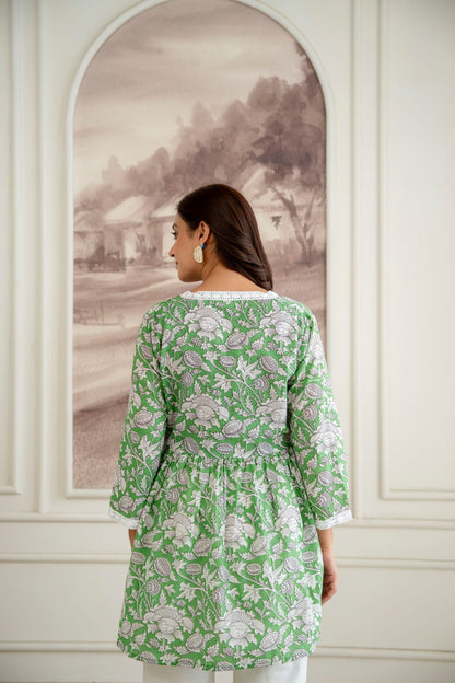Floral Cotton Short Kurti –  V Neck Lace Detail - Green White