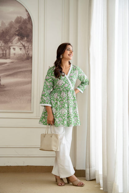 Floral Cotton Short Kurti –  V Neck Lace Detail - Green White