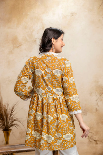 Mustard Floral Cotton Short Kurti – V Neck Lace Detail