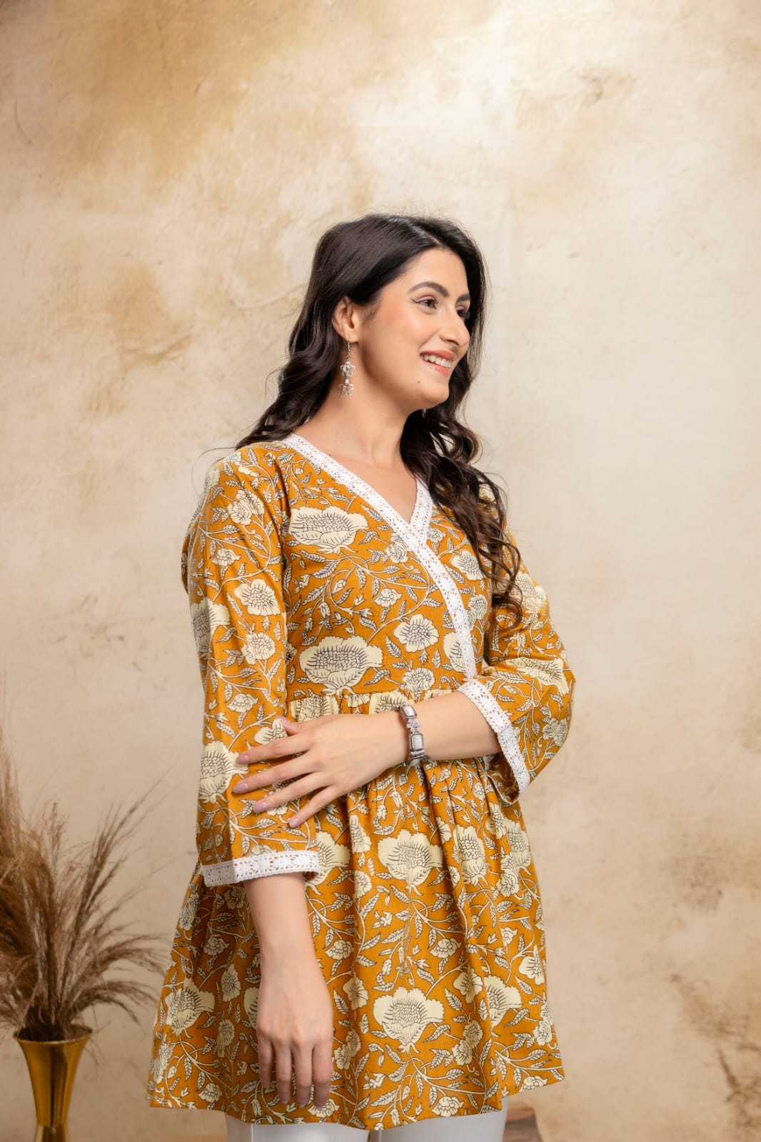 Mustard Floral Cotton Short Kurti – V Neck Lace Detail
