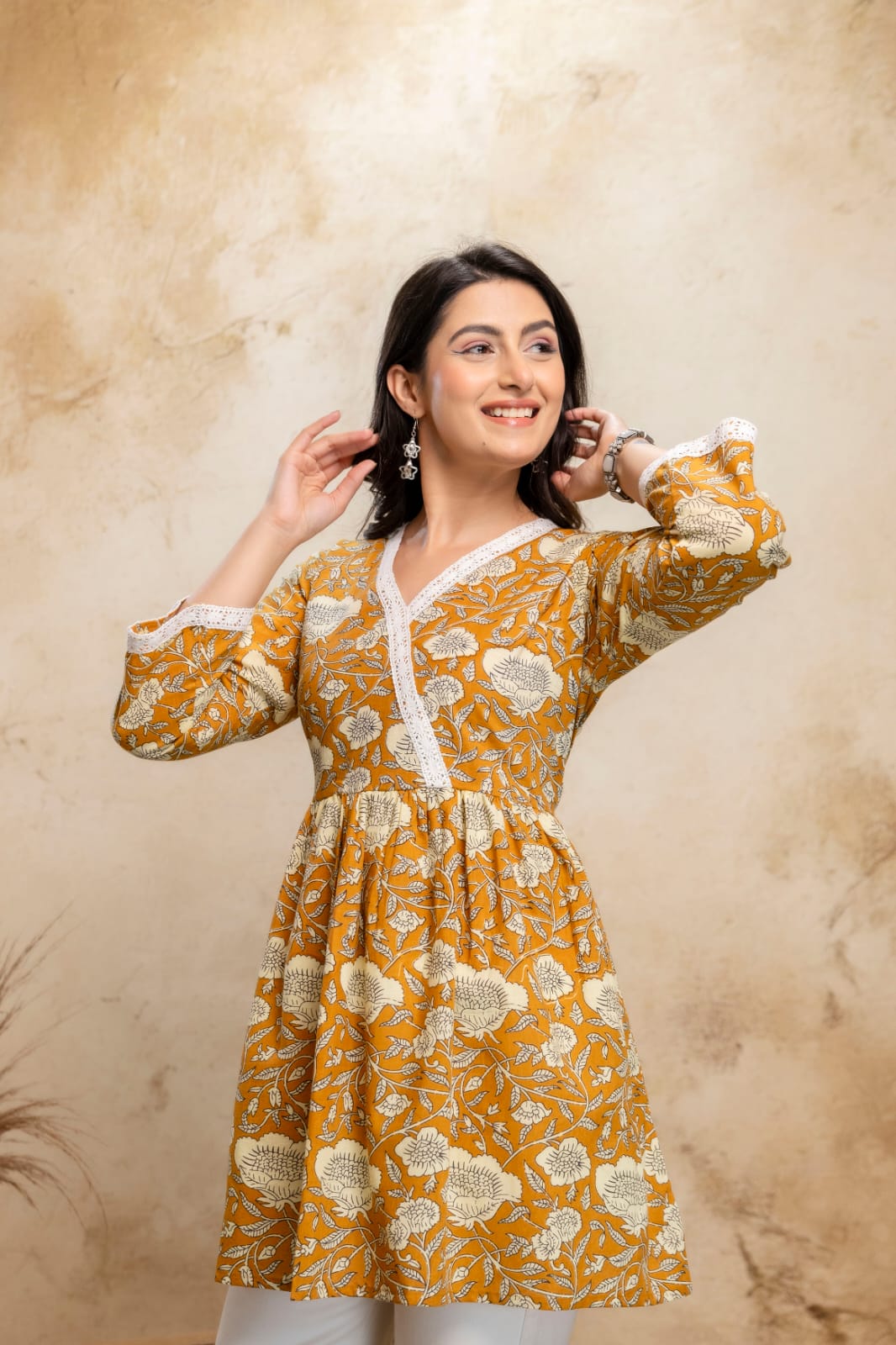 Mustard Floral Cotton Short Kurti – V Neck Lace Detail