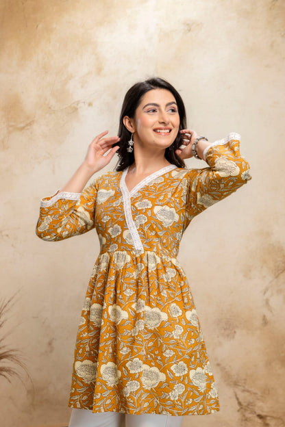 Mustard Floral Cotton Short Kurti – V Neck Lace Detail