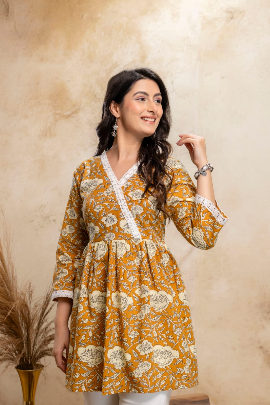 Mustard Floral Cotton Short Kurti – V Neck Lace Detail