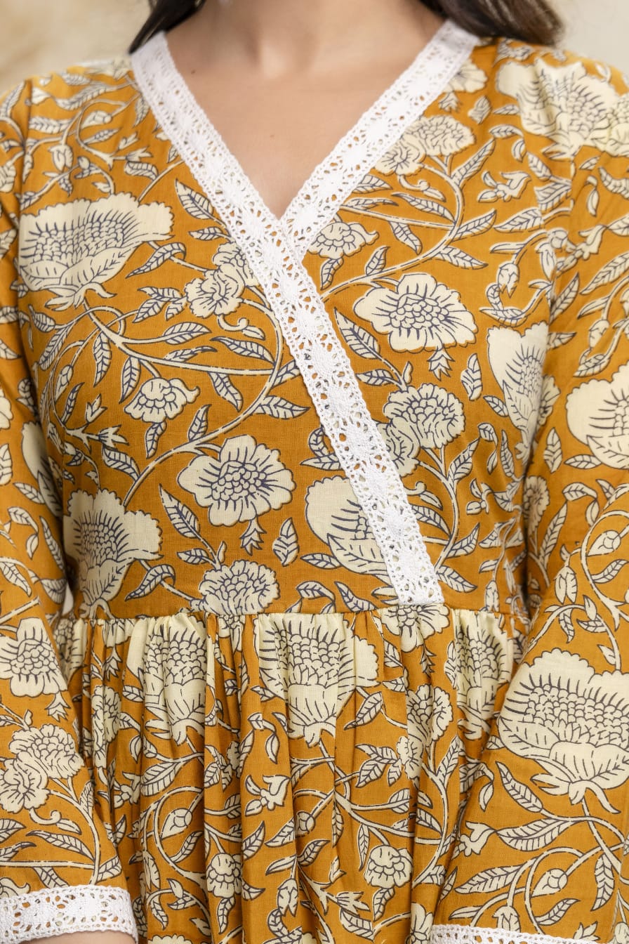Mustard Floral Cotton Short Kurti – V Neck Lace Detail